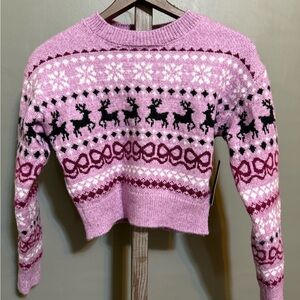 Derek Heart Pink Fair Isle Reindeer Crewneck Sweater